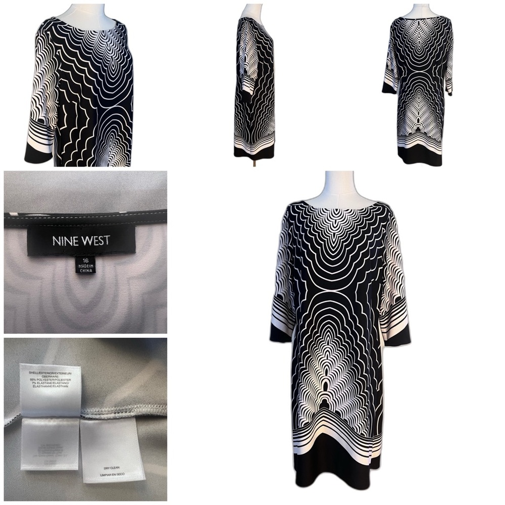 Nine West Sz 16 A-line shift dress, black and white geometric pattern